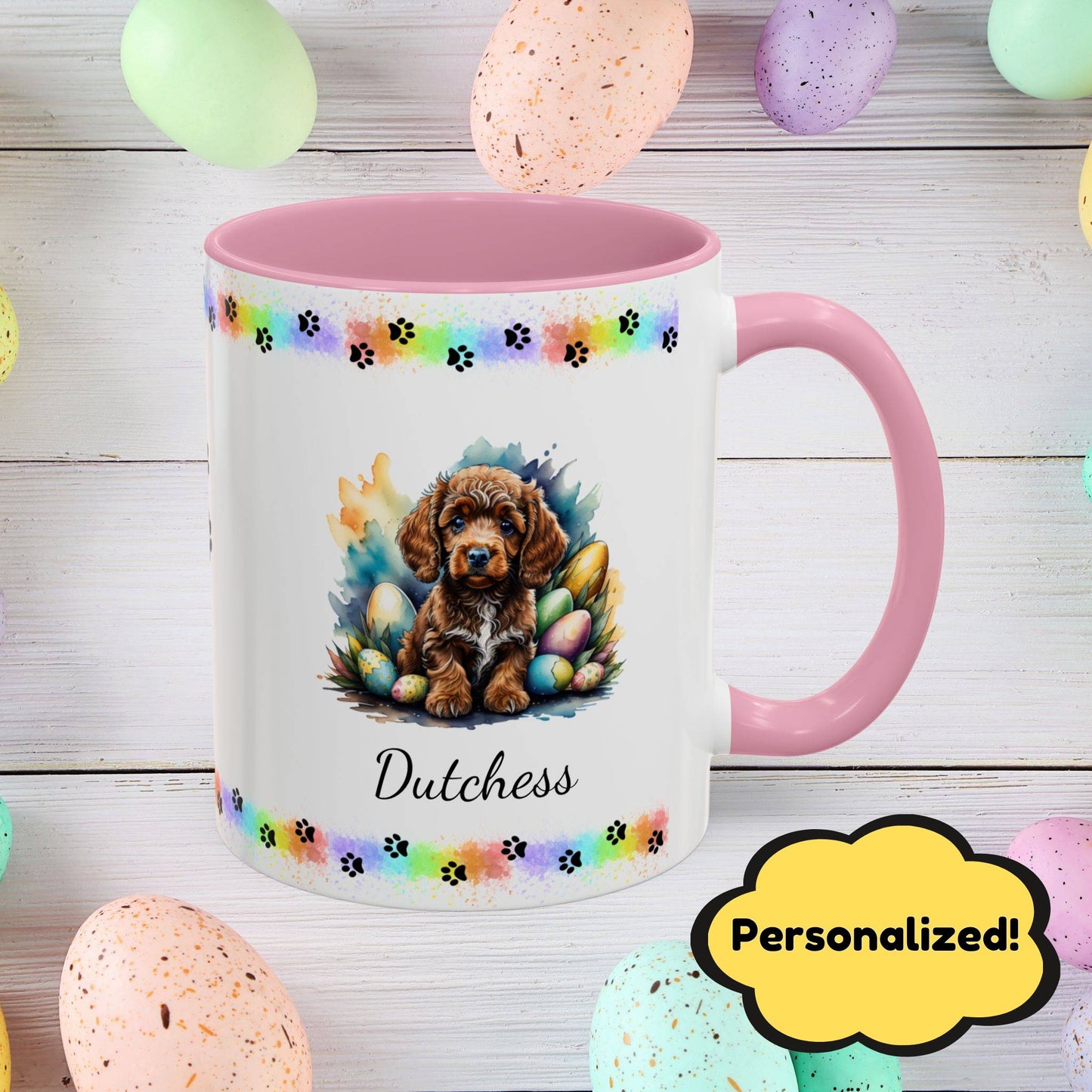 Cute brown Poodle Easter puppy coffee mug personalized dog lover gift, ideal for self-care and relaxation this Easter.