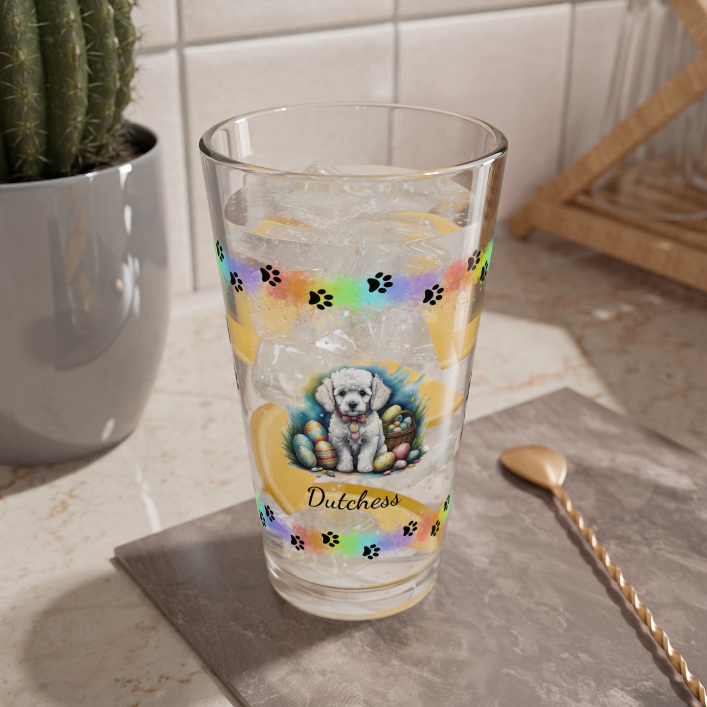 Poodle (White) Personalized Easter Puppy 16oz Pint Glass - Custom Dog Design, Mental Health Gift, Easter Décor, and Festive Celebrations