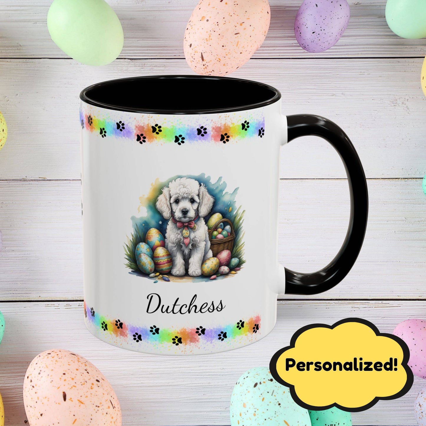 White Poodle Easter puppy coffee mug with custom dog design, perfect Easter gift for pet owners and mental wellness support.