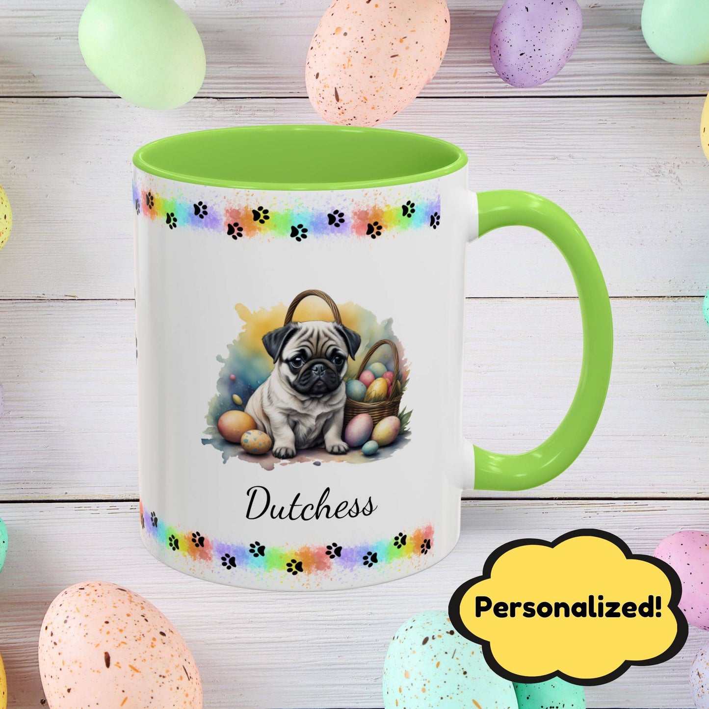 Sweet Pug Easter puppy coffee mug personalized for dog lovers, uplifting mental health and spreading Easter cheer.