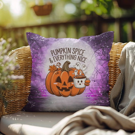 Shop our pumpkin spice halloween pillow featuring the 18" x 18" style option from MySisterIsASurvivor.