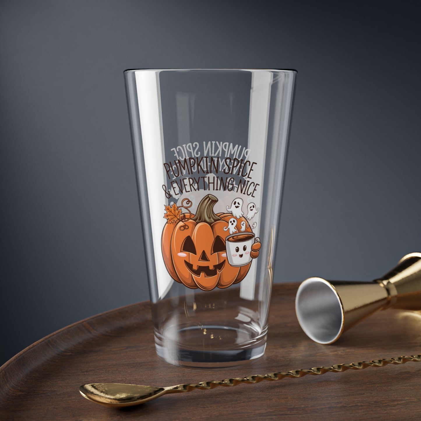 Pumpkin Spice And Everything Nice Halloween 16oz pint glass, festive fall party drinkware - MySisterIsASurvivor