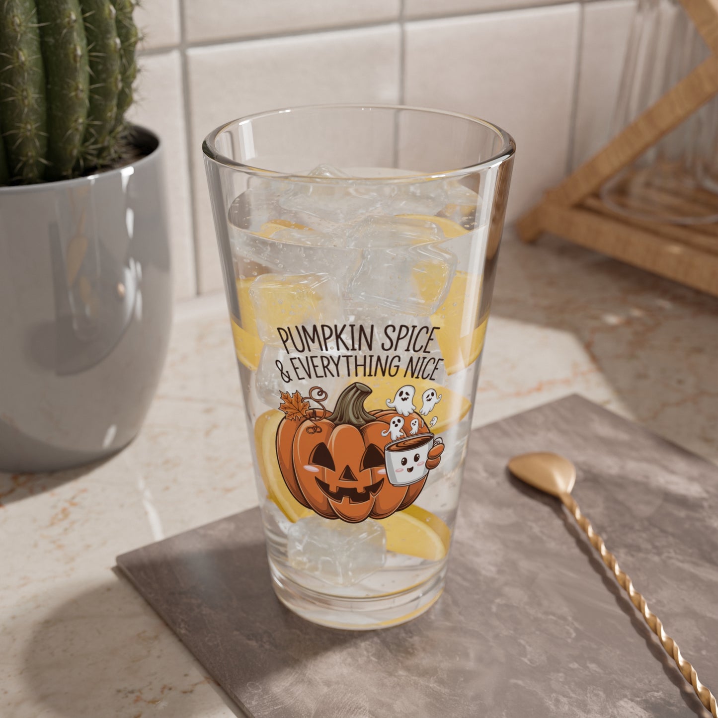 Pumpkin Spice And Everything Nice Halloween 16oz pint glass, festive fall party drinkware - MySisterIsASurvivor