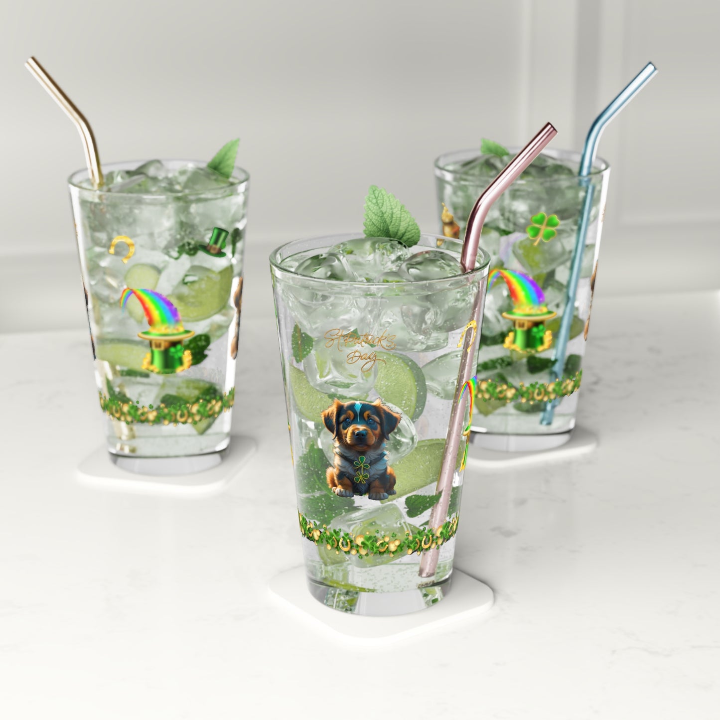 Pup-tastic Serenity: Mindful St. Patrick's Day 16oz Pint Glasses - Festive Design for Positivity & Wellness