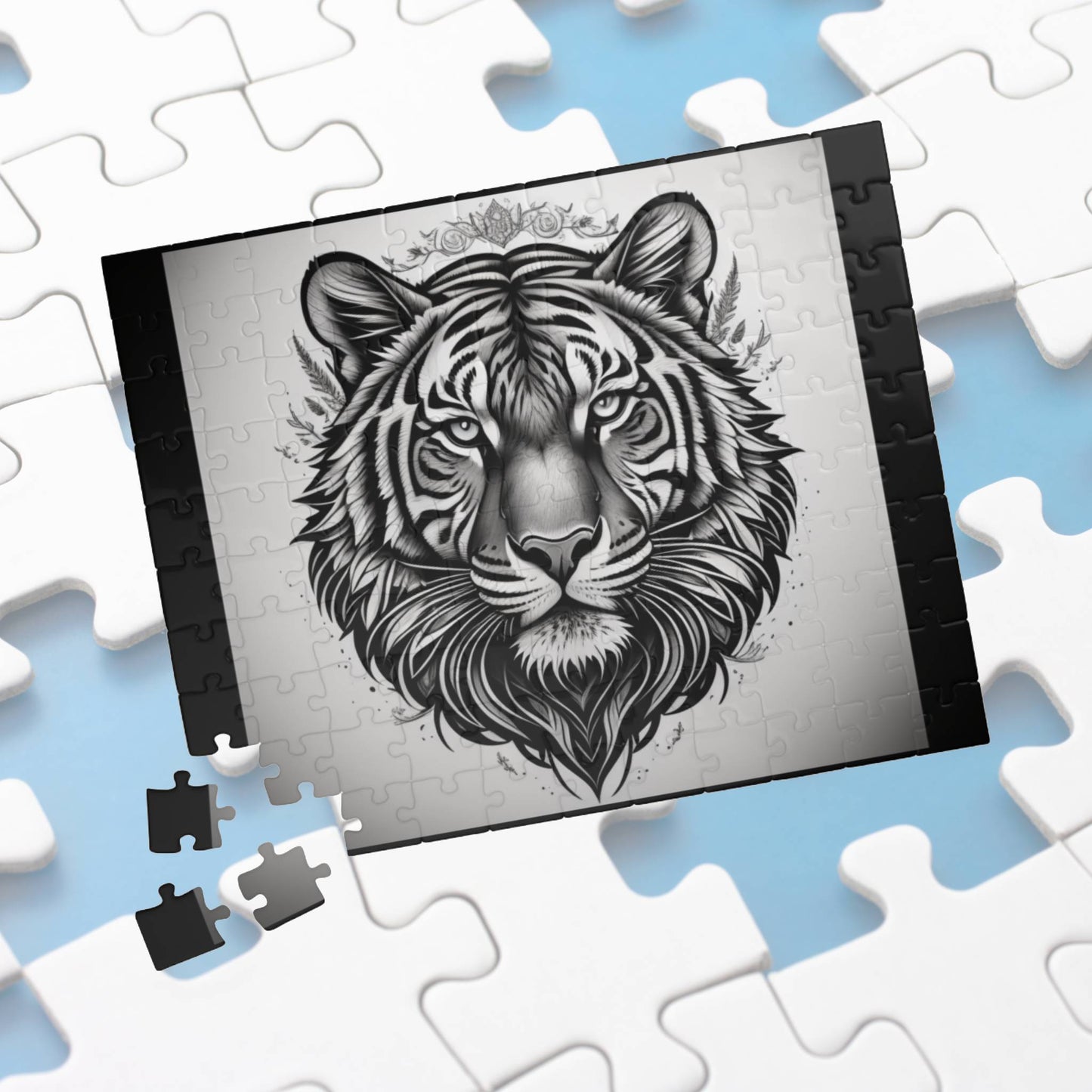 Tiger roaring with confidence in a jungle setting, featured in an inspiring jigsaw puzzle