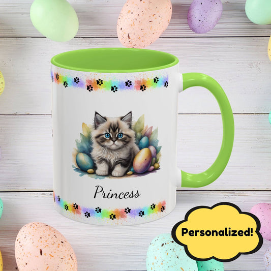 Ragdoll personalized Easter coffee mug, adorable kitten design, cute cat gift for mental health support