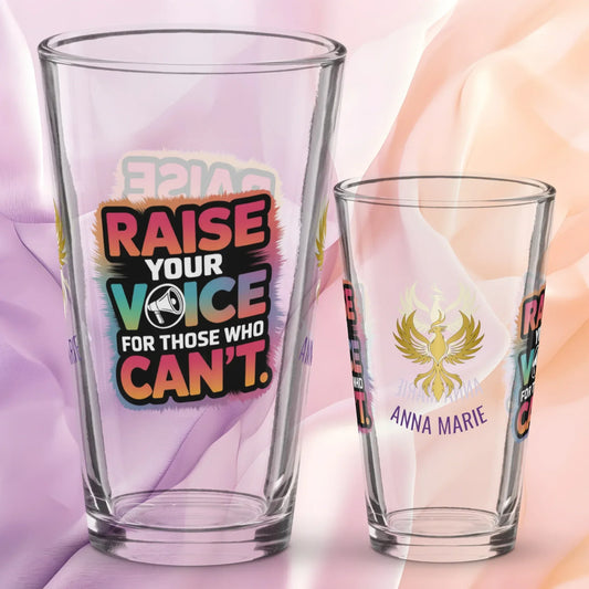 Shop our premium rise reclaim pint glass raise your voice from MySisterIsASurvivor.