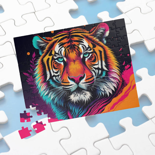 Fierce tiger mid-roar in a vibrant background, featured on a puzzle symbolizing fresh energy and personal strength