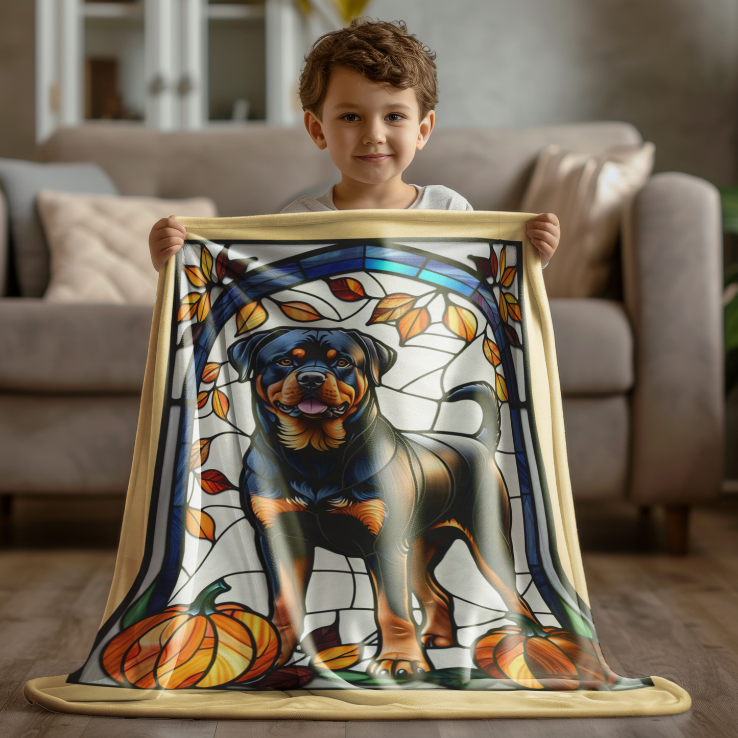 Rottweiler stained glass plush blanket in velveteen fabric, perfect cozy gift for Rottie owners