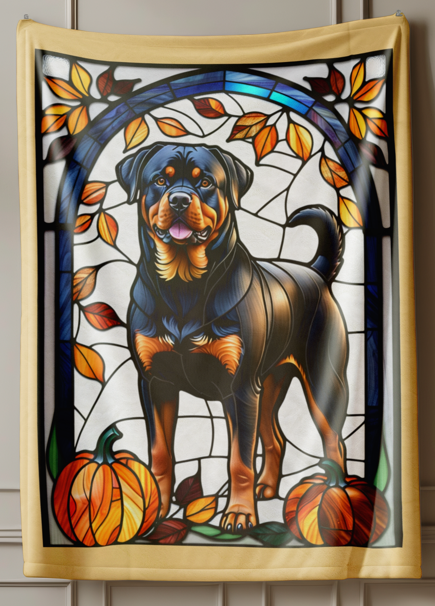 Rottweiler stained glass plush blanket in velveteen fabric, perfect cozy gift for Rottie owners
