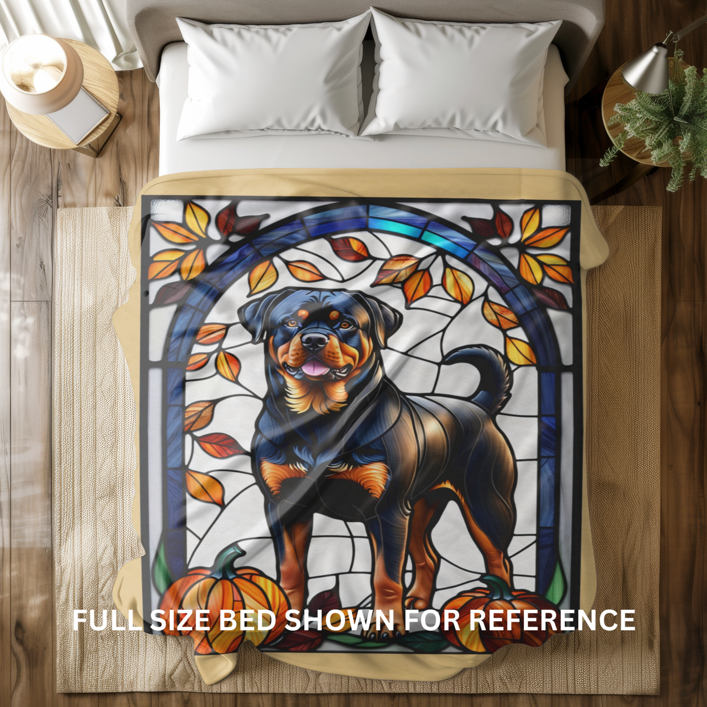 Rottweiler stained glass plush blanket in velveteen fabric, perfect cozy gift for Rottie owners