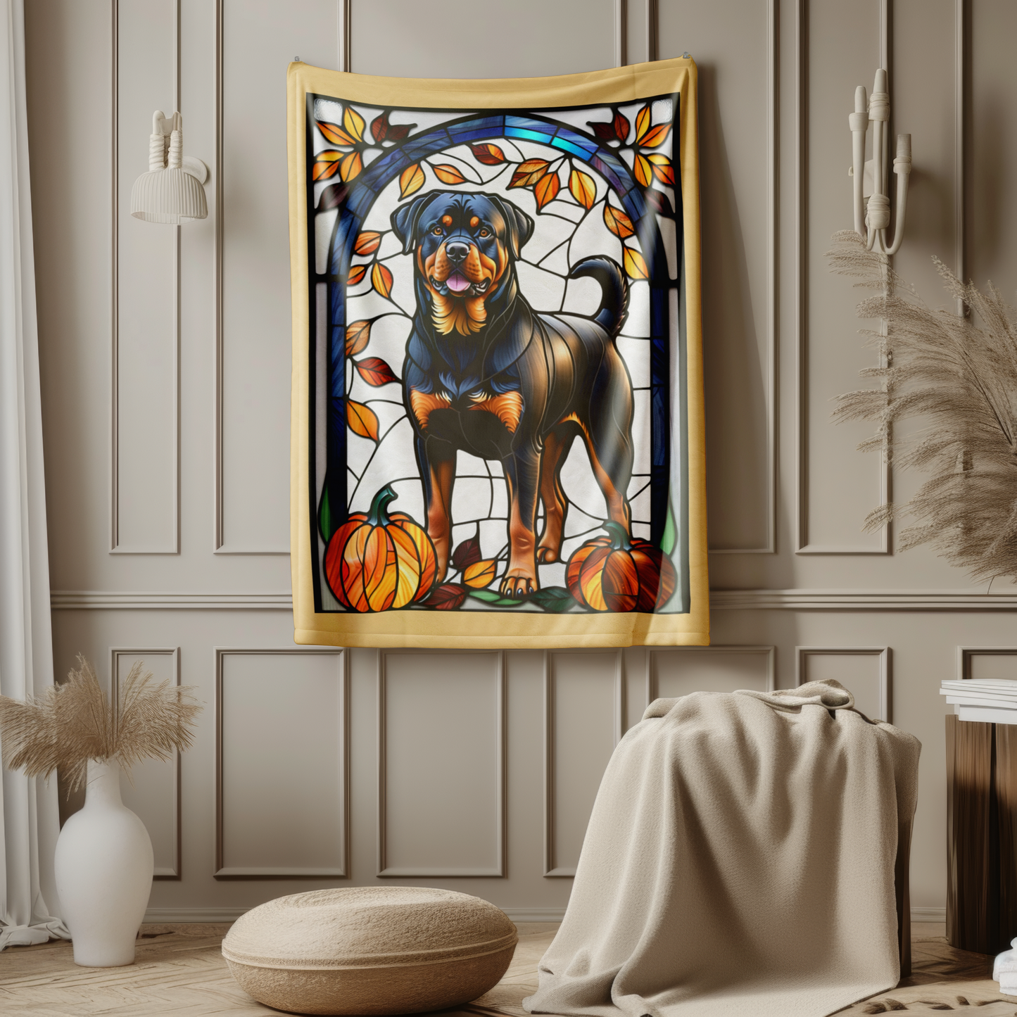 Rottweiler stained glass plush blanket in velveteen fabric, perfect cozy gift for Rottie owners