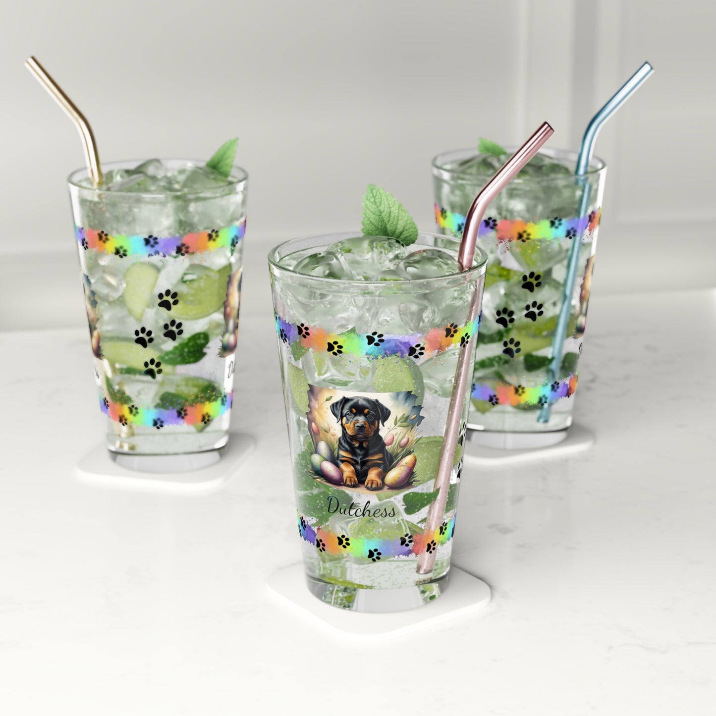 Rottweiler Personalized Easter Puppy 16oz Pint Glass - Custom Dog Design, Mental Health Gift, Easter Décor, and Festive Celebrations