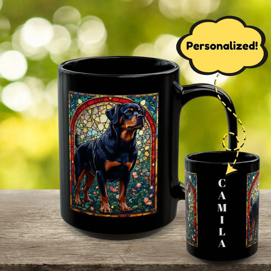Shop our rottweiler black mahogany personalized mug with stained glass design 11oz 15oz featuring the 15oz style option from MySisterIsASurvivor.