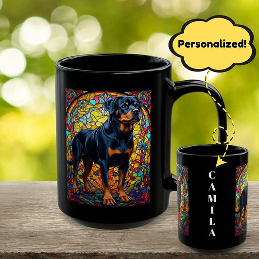 Shop our rottweiler black rust personalized mug with stained glass design 11oz 15oz featuring the 15oz style option from MySisterIsASurvivor.