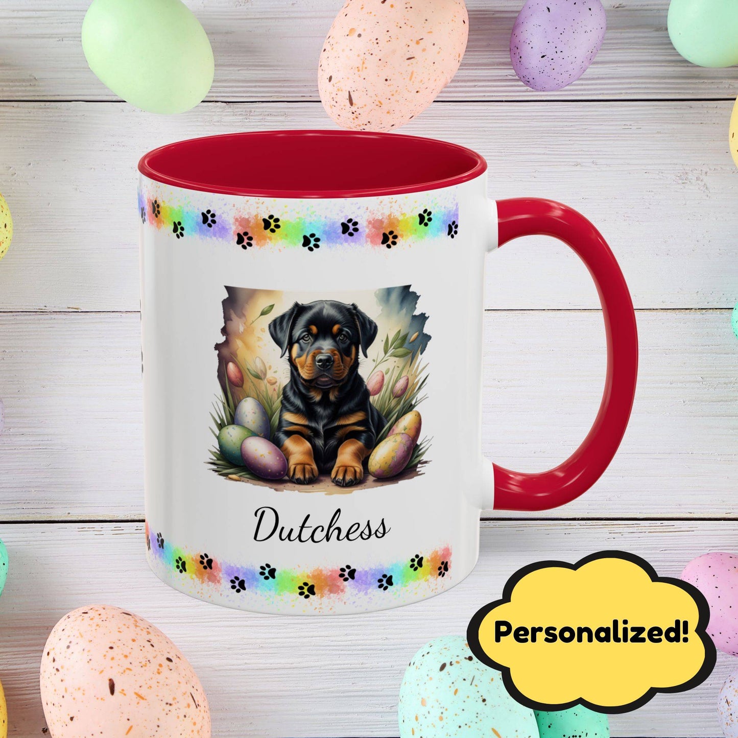 Rottweiler Easter puppy coffee mug personalized dog design, thoughtful gift for self-care and mental health awareness.