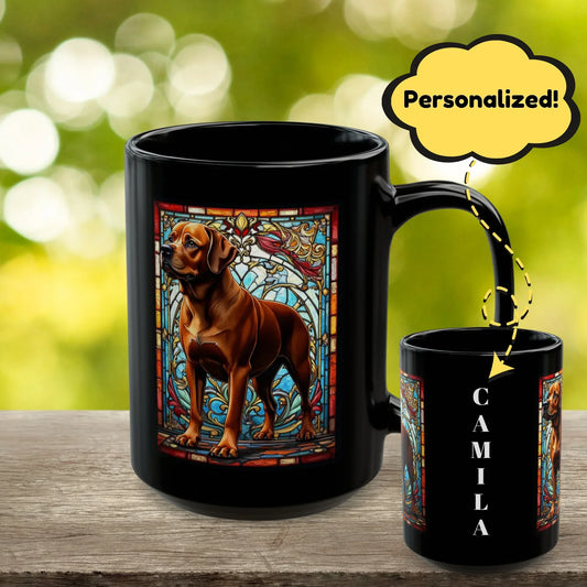 Shop our rottweiler rare red personalized mug with stained glass design 11oz 15oz featuring the 15oz style option from MySisterIsASurvivor.
