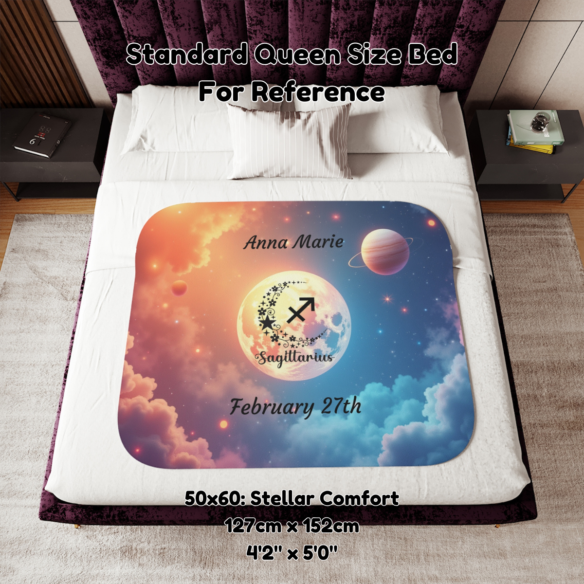 Personalized Sagittarius zodiac throw with celestial design. Perfect for cozy comfort and emotional wellness.