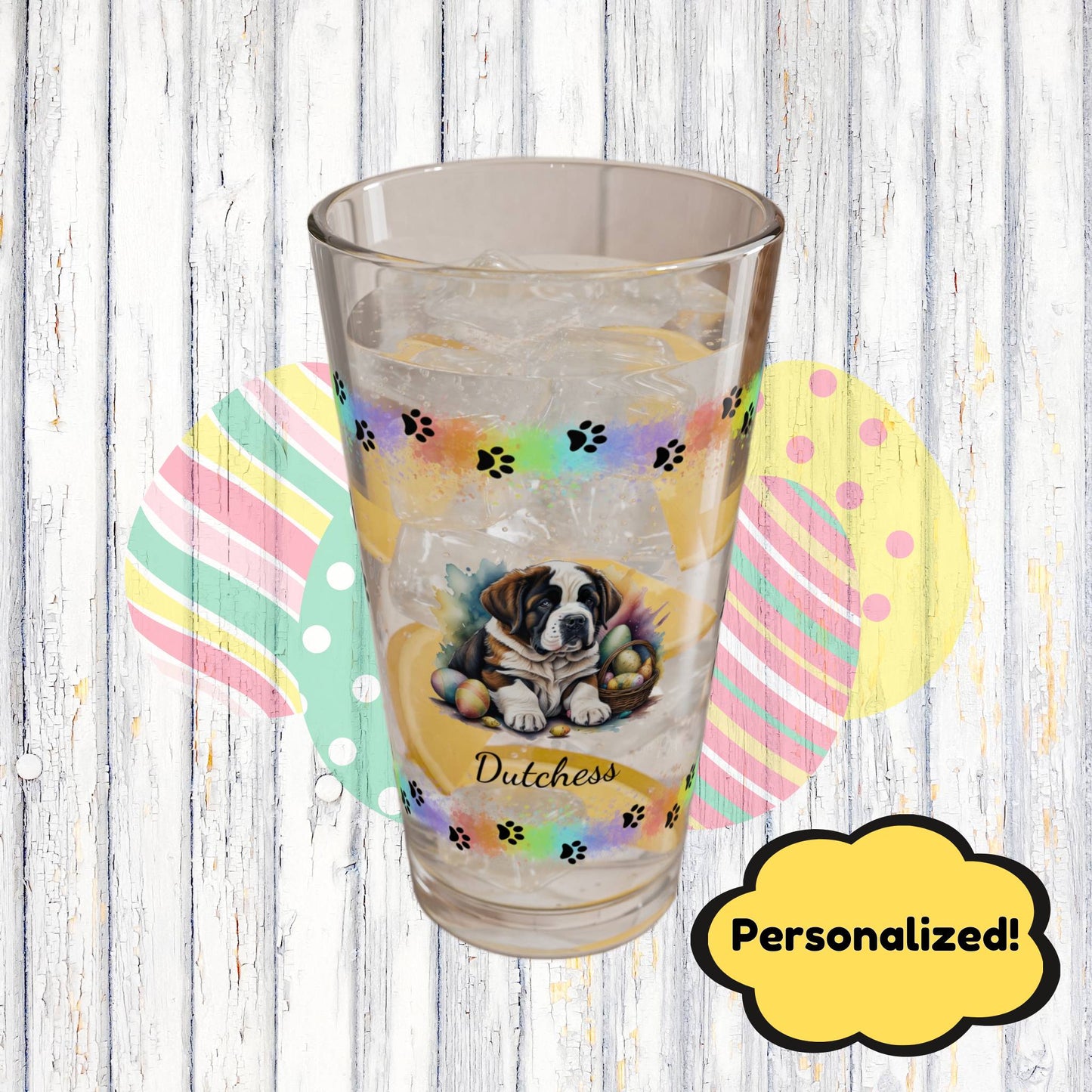 Saint Bernard Personalized Easter Puppy 16oz Pint Glass - Custom Dog Design, Mental Health Gift, Easter Décor, and Festive Celebrations