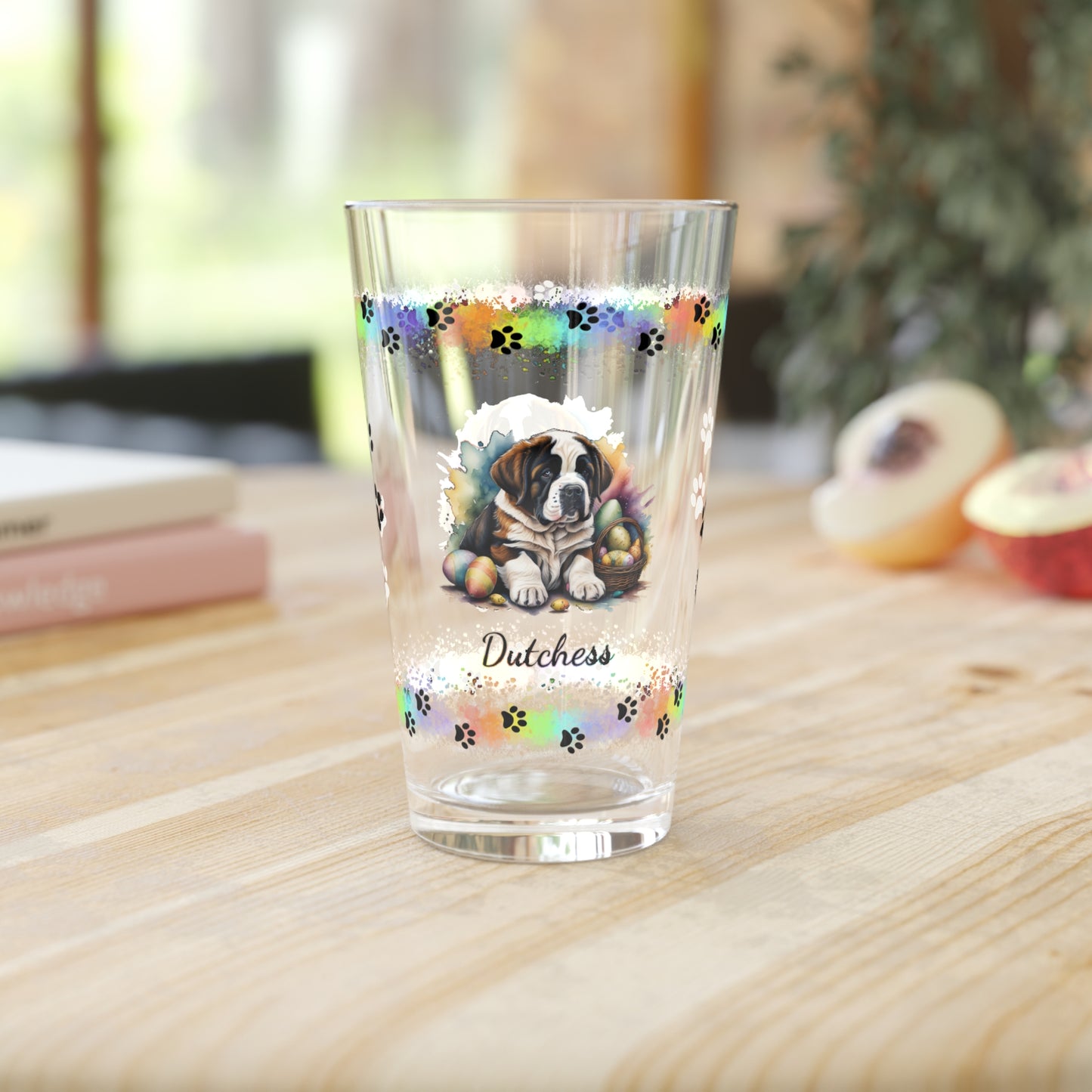 Saint Bernard Personalized Easter Puppy 16oz Pint Glass - Custom Dog Design, Mental Health Gift, Easter Décor, and Festive Celebrations
