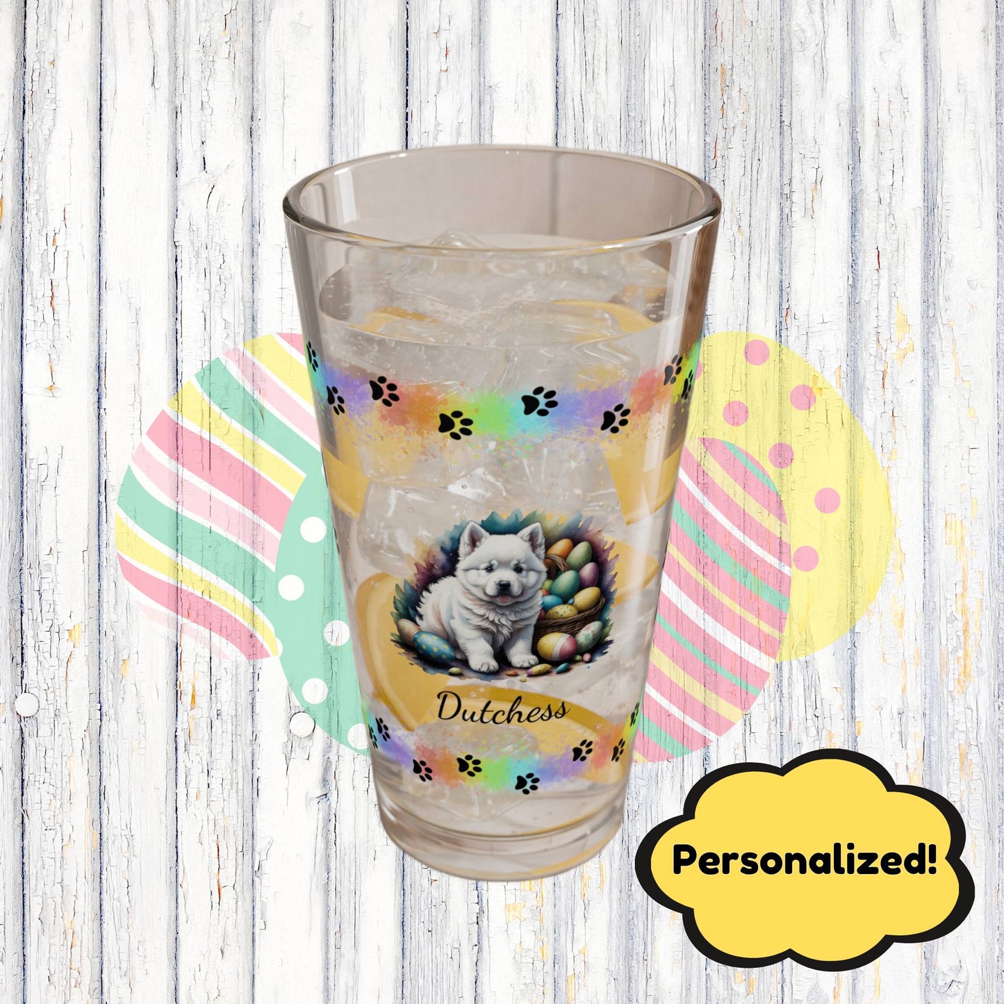 Samoyed Personalized Easter Puppy 16oz Pint Glass - Custom Dog Design, Mental Health Gift, Easter Décor, and Festive Celebrations