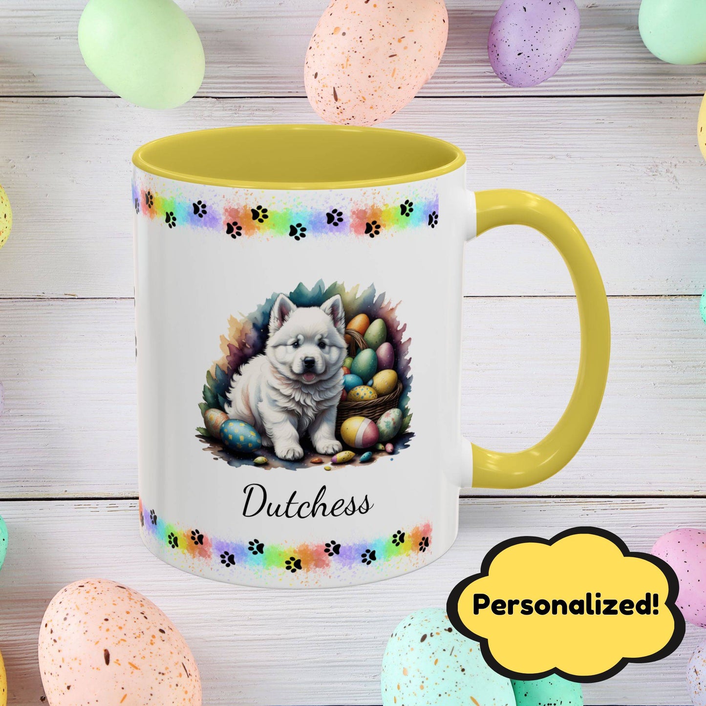 Samoyed Easter puppy coffee mug personalized dog design, cozy mental health gift for spring and daily mindfulness.