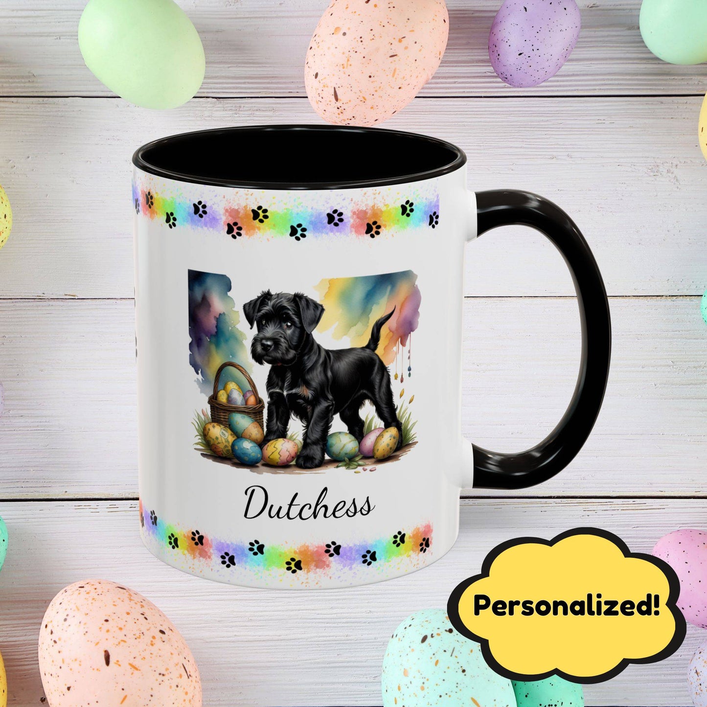 Black Schnauzer Easter puppy coffee mug personalized dog lover gift, promoting peace, positivity, and emotional wellness.