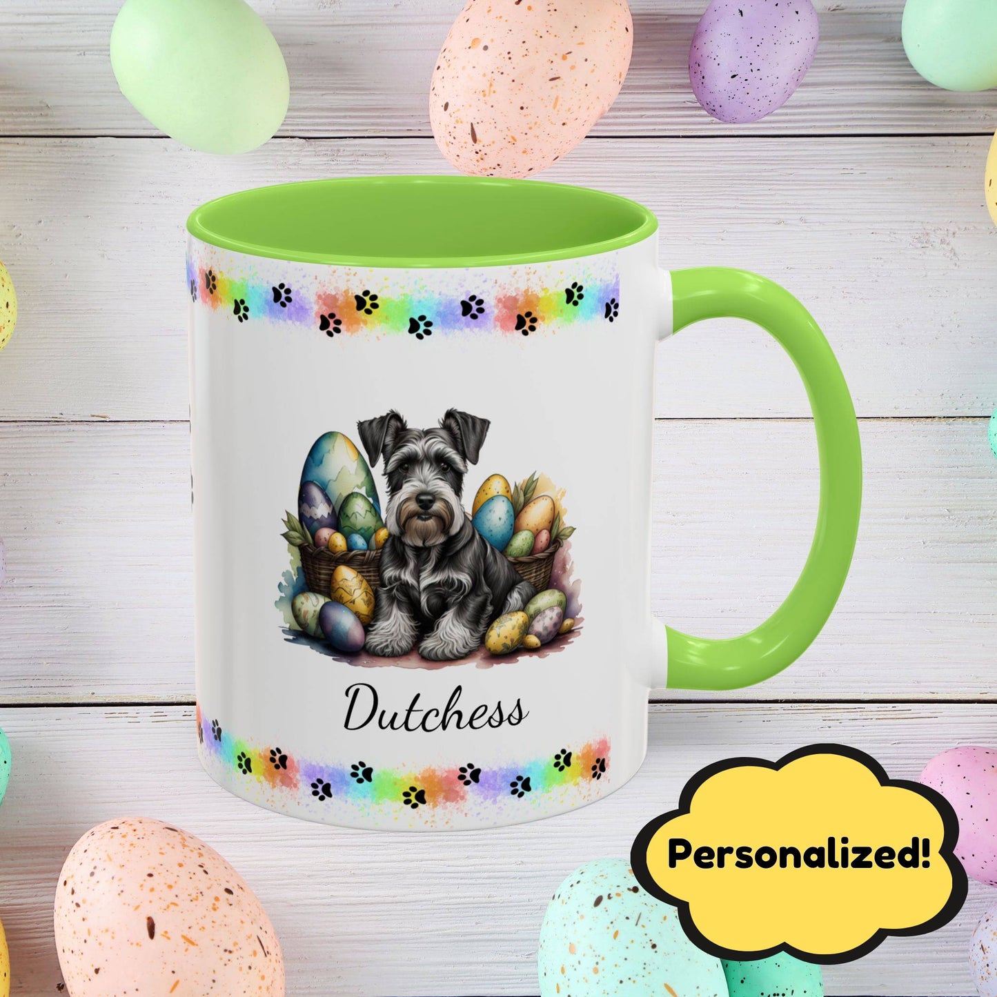 Gray Schnauzer Easter puppy coffee mug personalized for dog moms and dads, perfect for mental health awareness gifts.