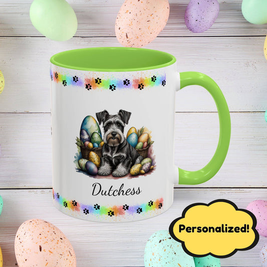 Gray Schnauzer Easter puppy coffee mug personalized for dog moms and dads, perfect for mental health awareness gifts.