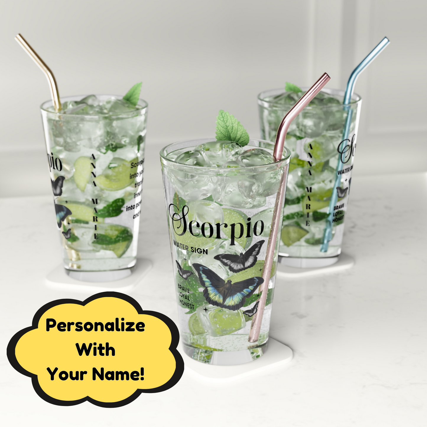 Scorpio custom astrology pint glass, 16oz zodiac star sign birthday drinkware gift