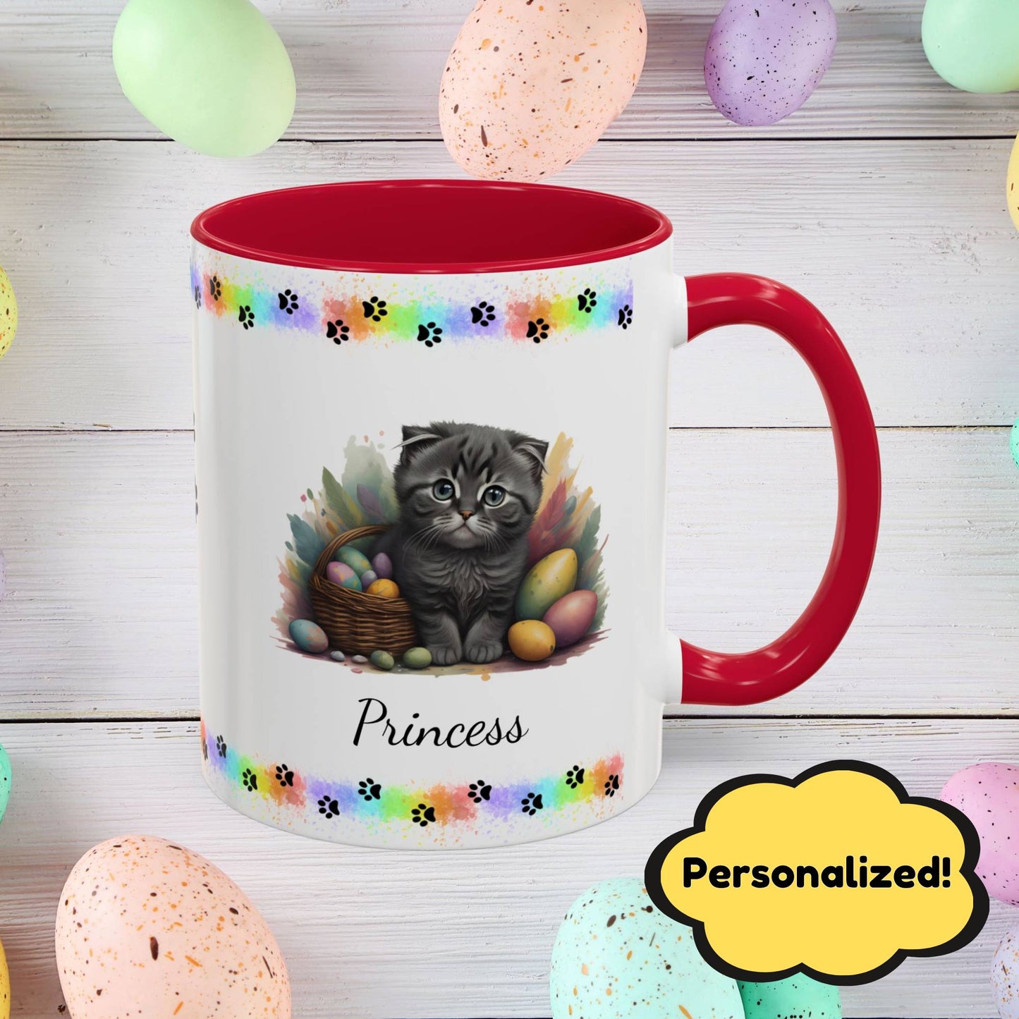 Scottish Fold Easter coffee mug, personalized kitten design, cute cat gift for mental health awareness