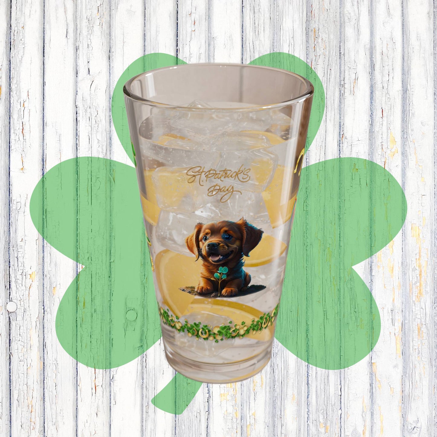 Shamrock Serenity Puppy: Mindful St. Patrick's Day 16oz Pint Glasses - Festive Design for Positivity & Wellness