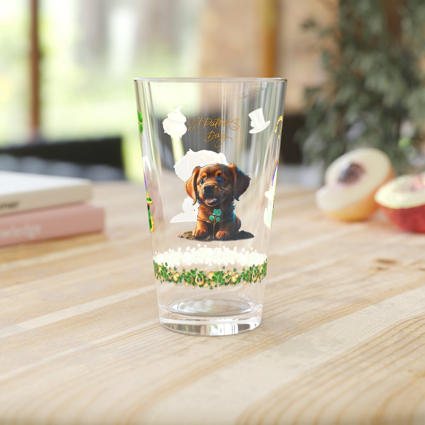 Shamrock Serenity Puppy: Mindful St. Patrick's Day 16oz Pint Glasses - Festive Design for Positivity & Wellness