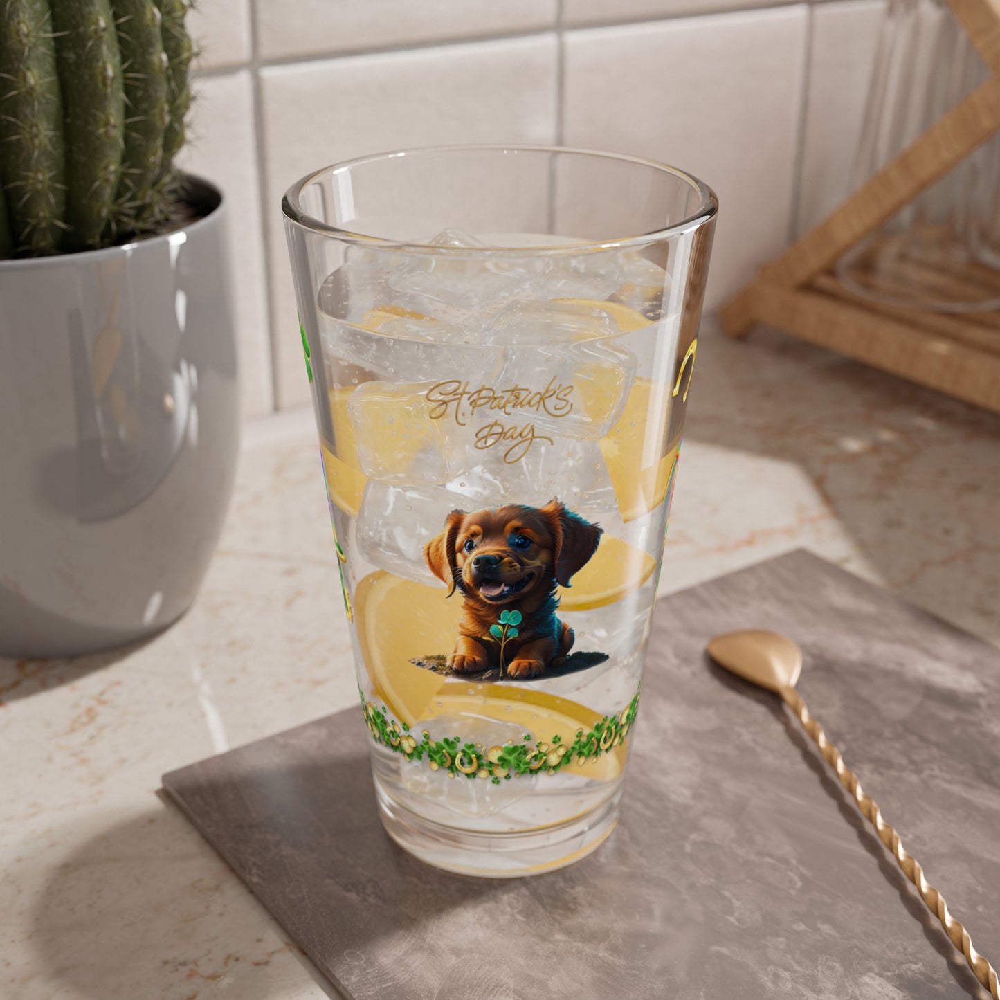 Shamrock Serenity Puppy: Mindful St. Patrick's Day 16oz Pint Glasses - Festive Design for Positivity & Wellness