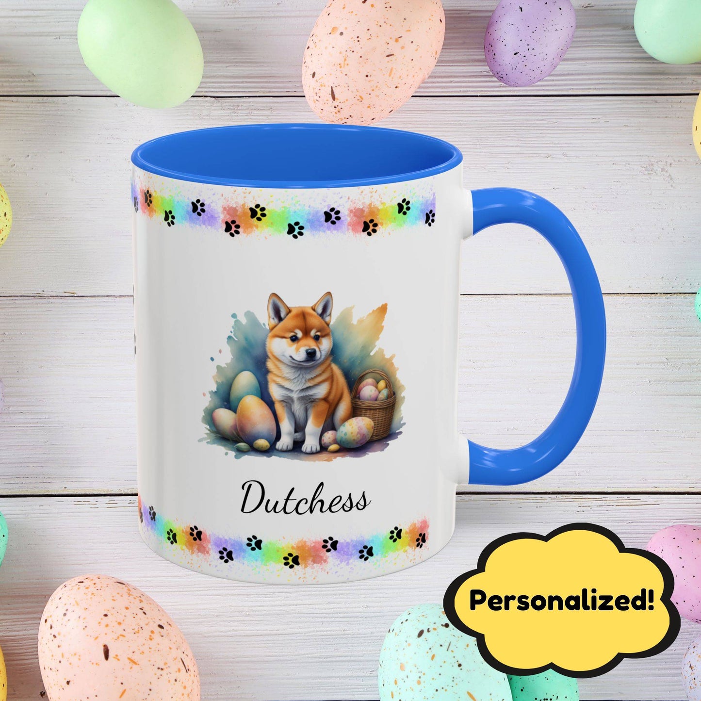 Shiba Inu Easter puppy coffee mug personalized for dog lovers, perfect for mental health support and Easter happiness.