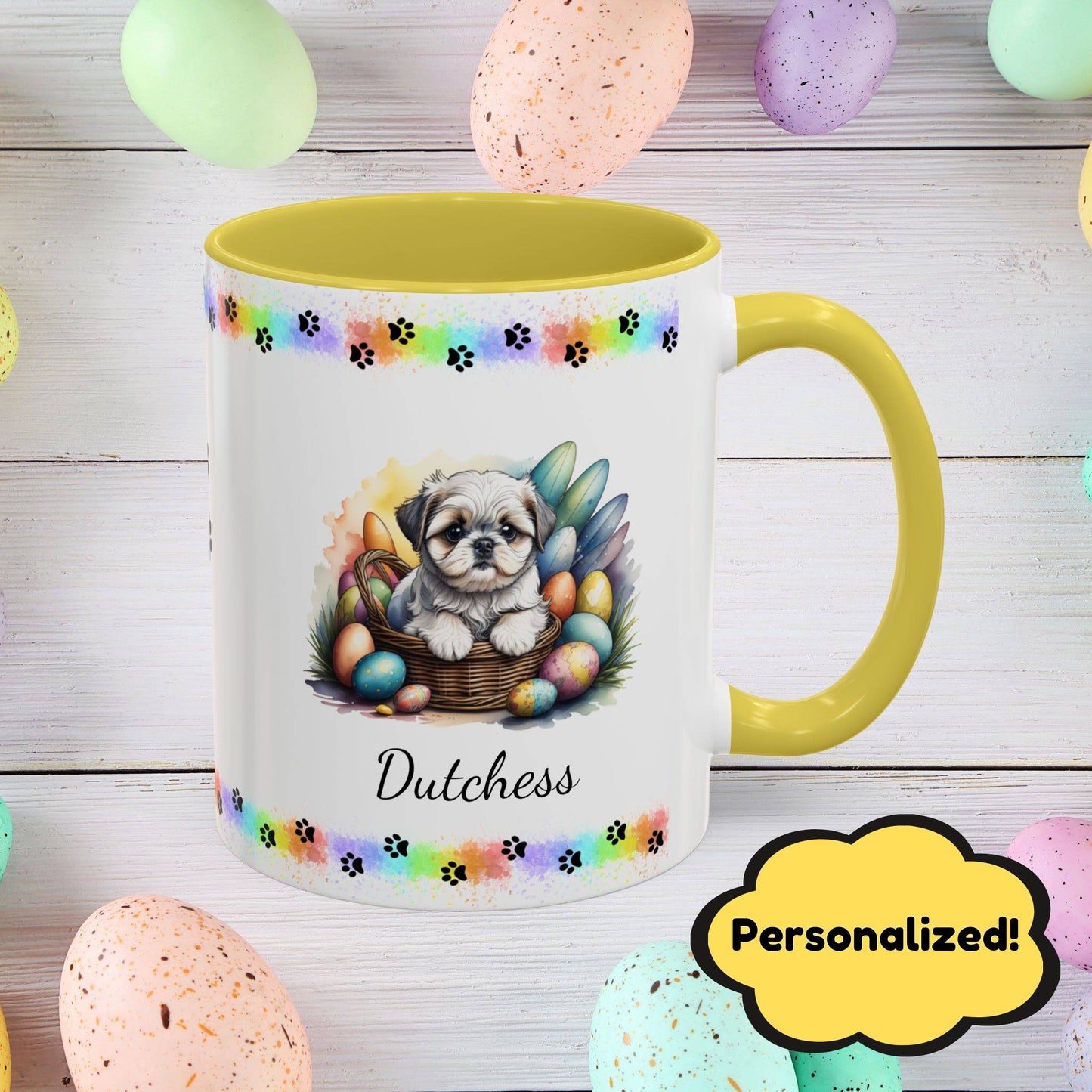 Silver and white Shih Tzu Easter puppy coffee mug, adorable personalized dog gift for comfort, hope, and self-care.