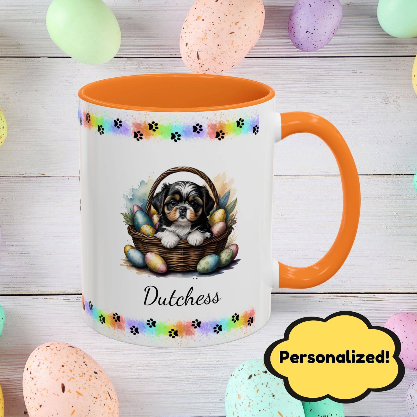 Tricolor Shih Tzu Easter puppy coffee mug personalized dog design, perfect for pet lovers and mental health awareness.