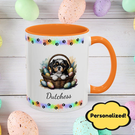 Tricolor Shih Tzu Easter puppy coffee mug personalized dog design, perfect for pet lovers and mental health awareness.