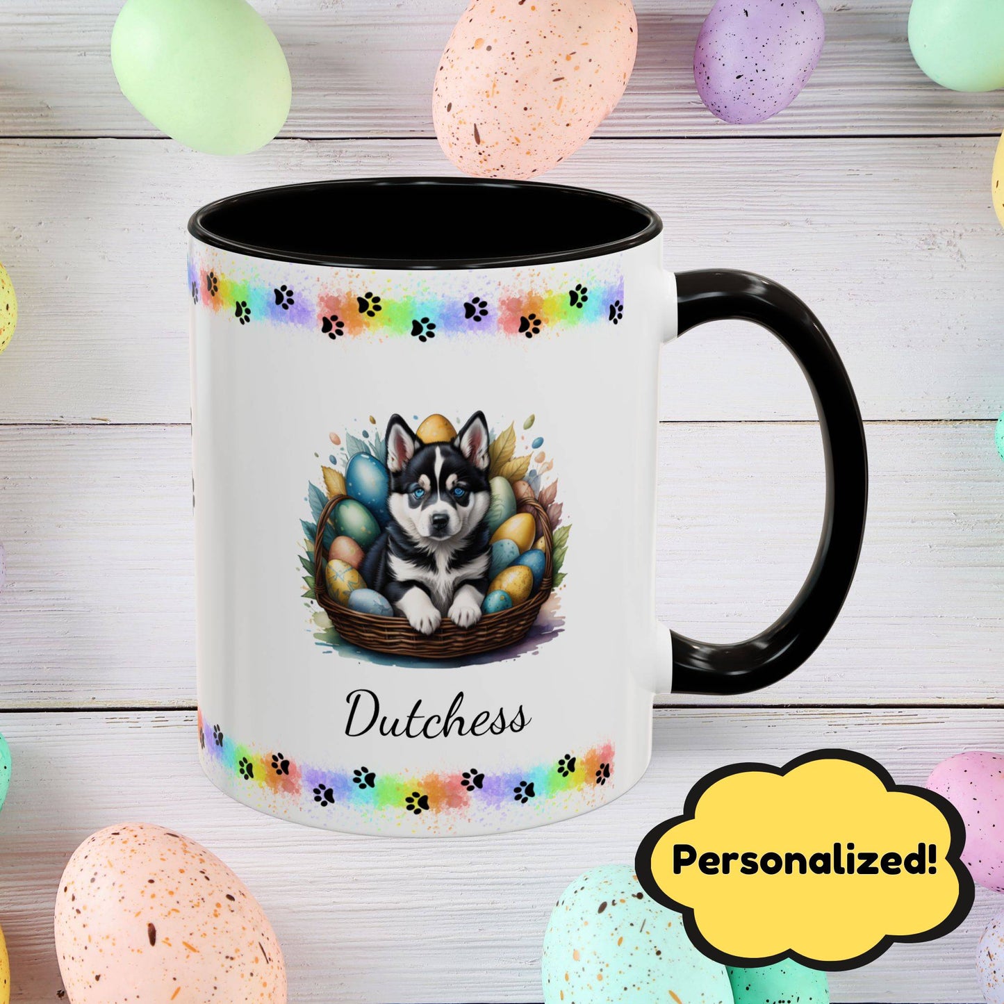 Siberian Husky Easter puppy coffee mug personalized cute dog design, uplifting gift for springtime mental health support.