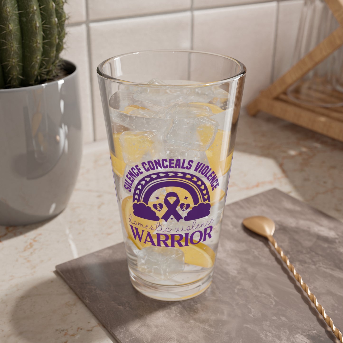 Silence Conceals Violence DV Warrior pint glass with advocacy design