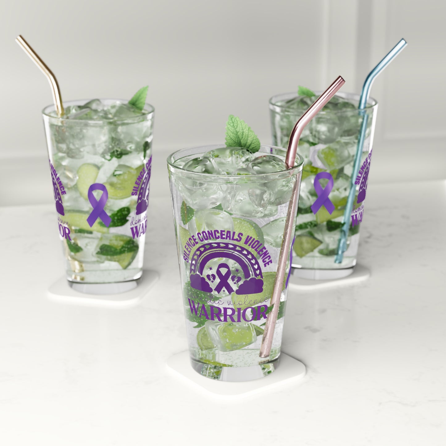 Silence Conceals Violence DV Warrior pint glass with advocacy design