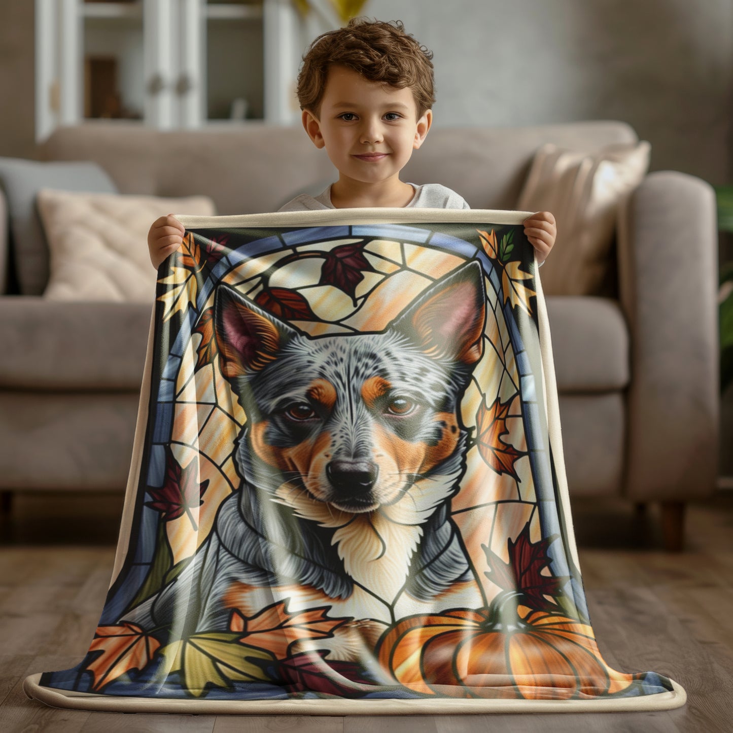Luxurious Australian Cattle Dog stained glass throw blanket in soft velveteen fabric, thoughtful dog lover gift