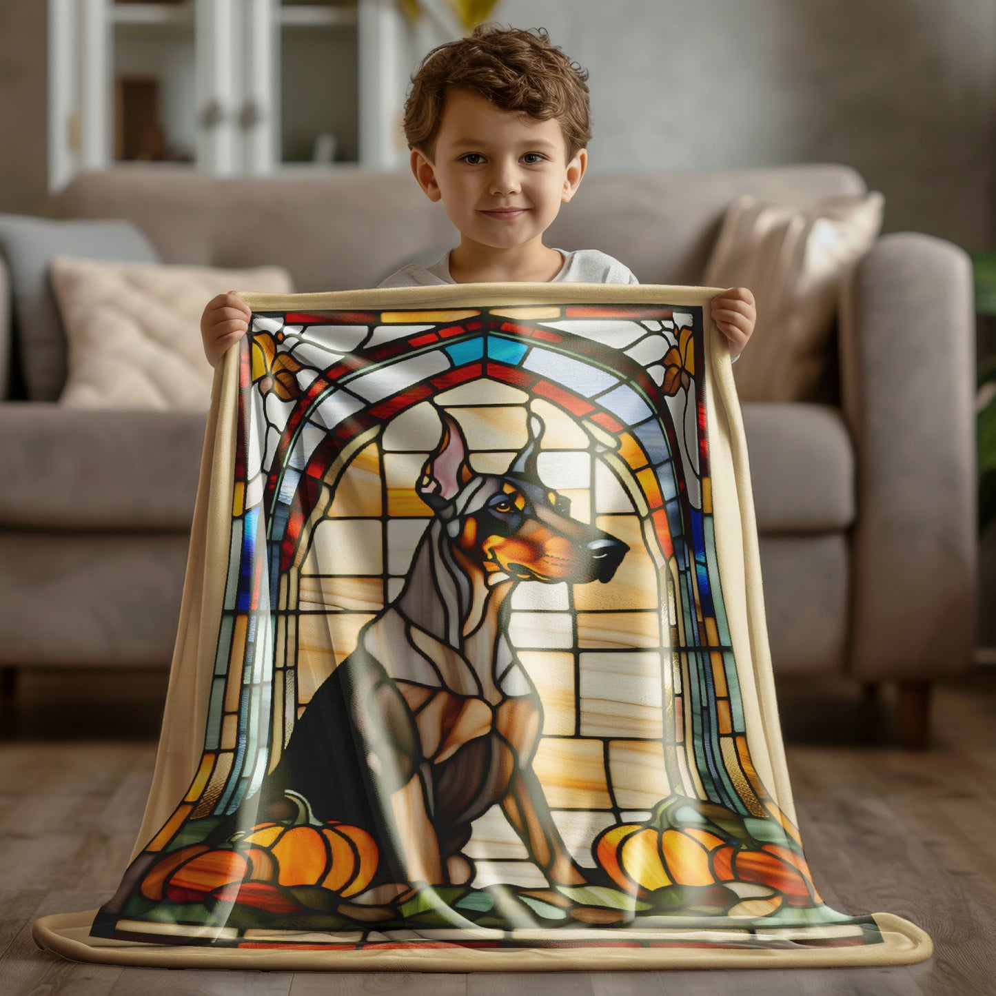 Doberman velveteen plush blanket featuring stained glass dog design, perfect cozy throw for Doberman fans