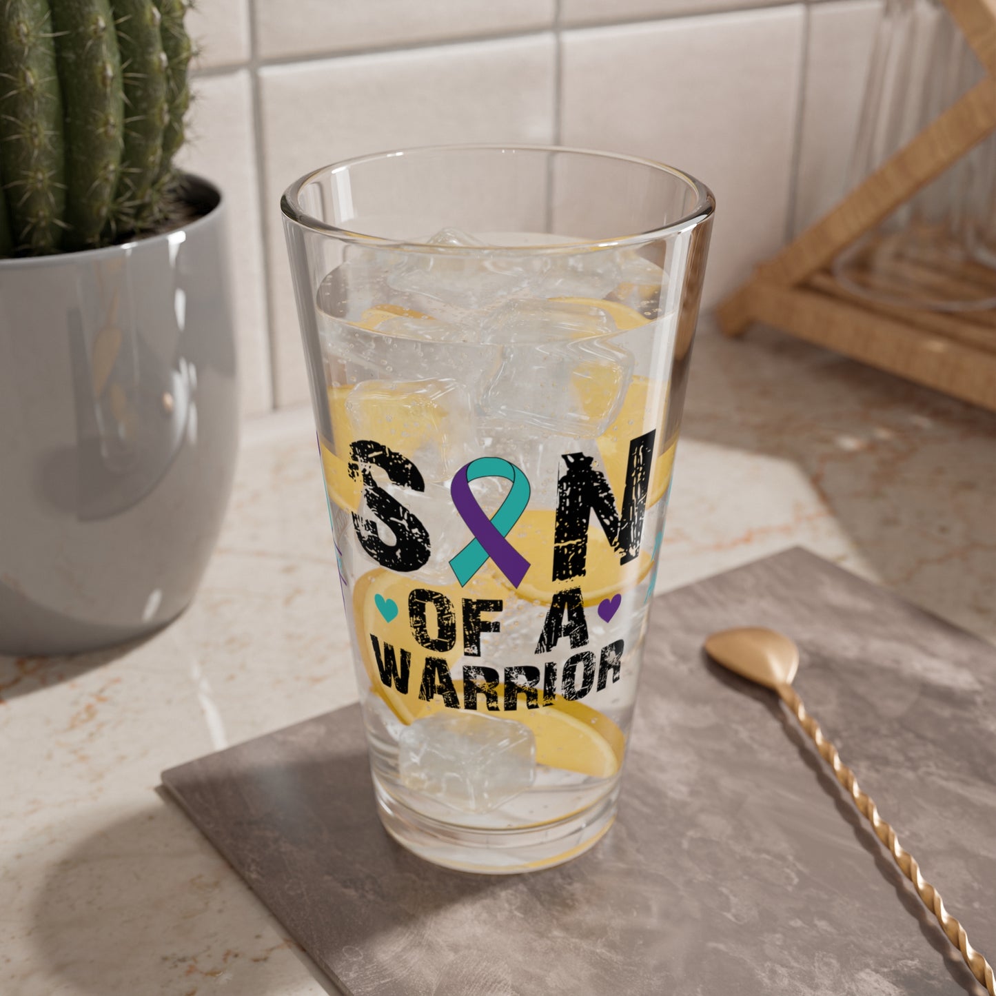 Son of a Warrior: Personalized Suicide Prevention Awareness Warrior Pint Glass - Proud Family Member
