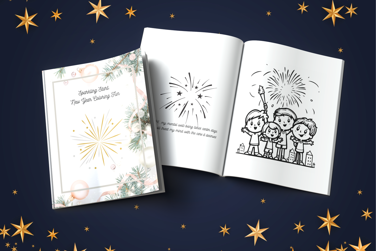 New Year coloring book with positive affirmations and mental health themes