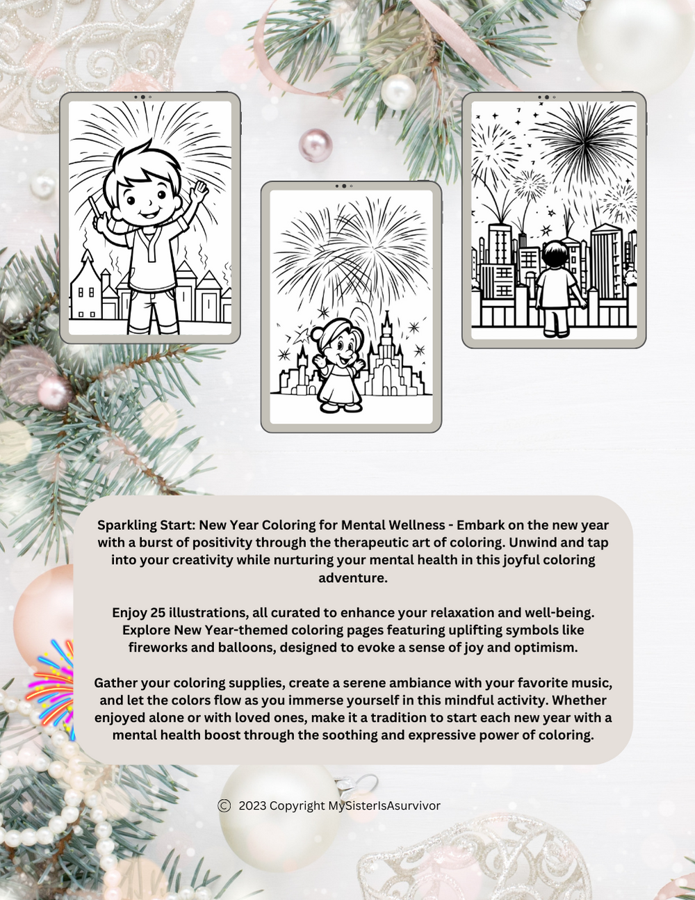 New Year coloring book with positive affirmations and mental health themes