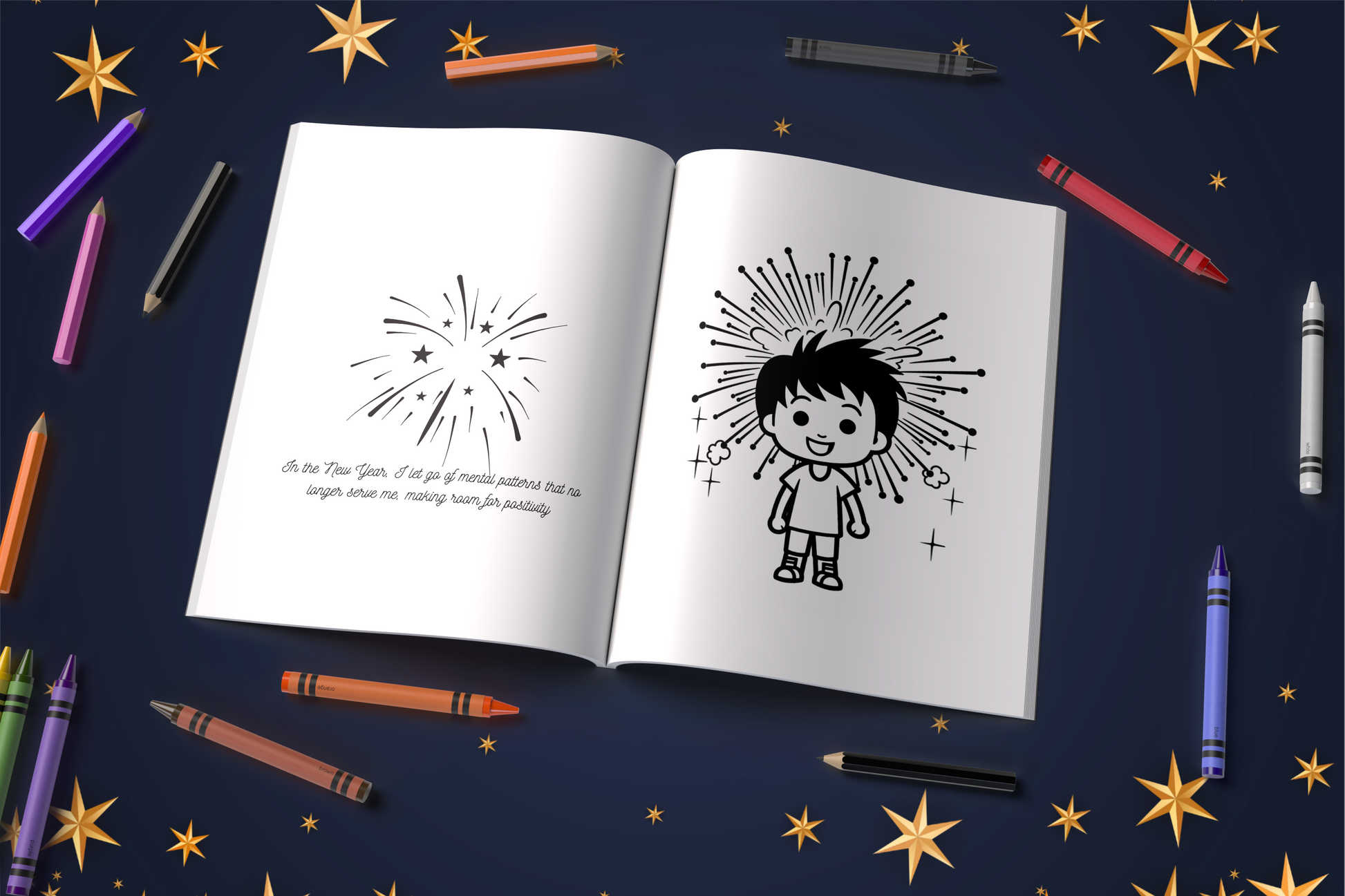 New Year coloring book with positive affirmations and mental health themes