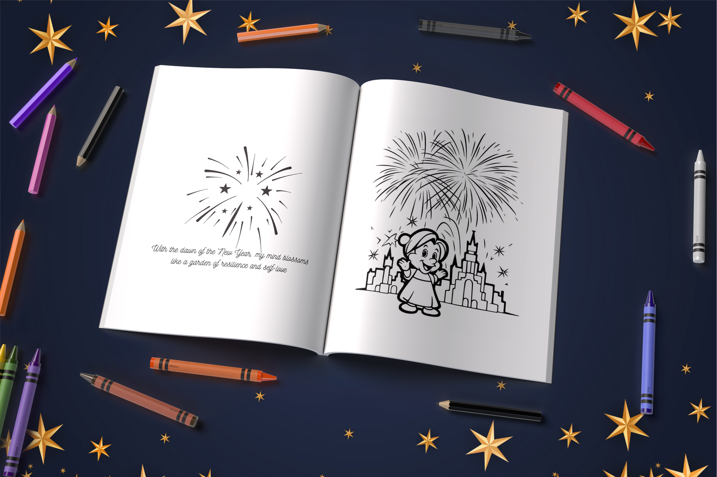 New Year coloring book with positive affirmations and mental health themes