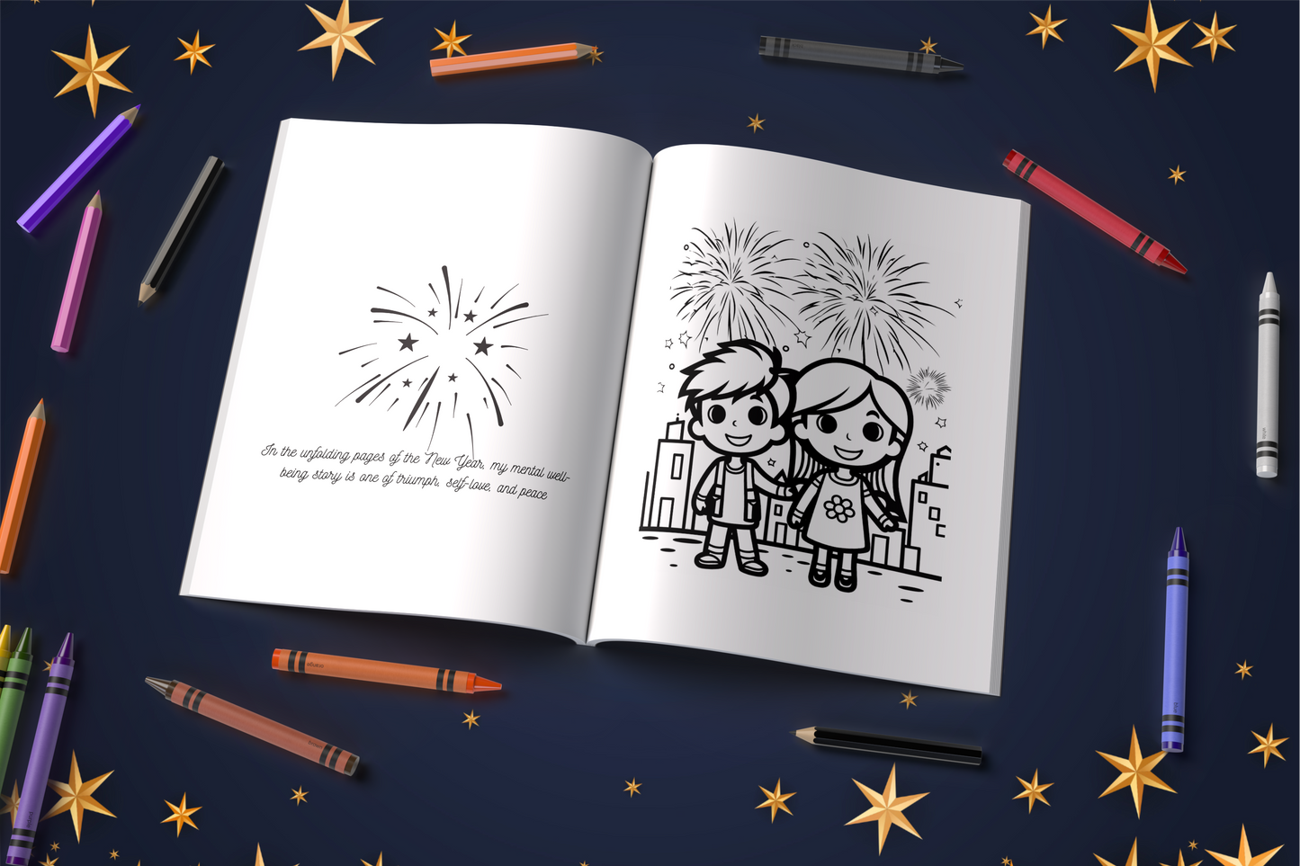 New Year coloring book with positive affirmations and mental health themes