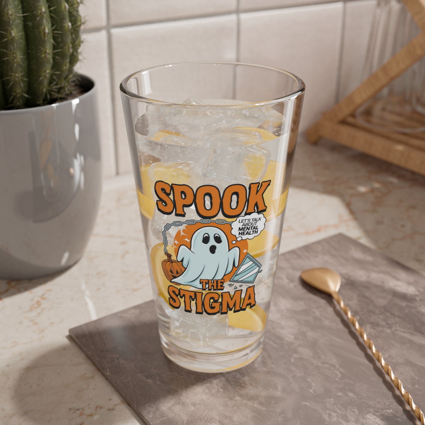 Spook The Stigma Halloween 16oz pint glass, mental health awareness Halloween drinkware - MySisterIsASurvivor